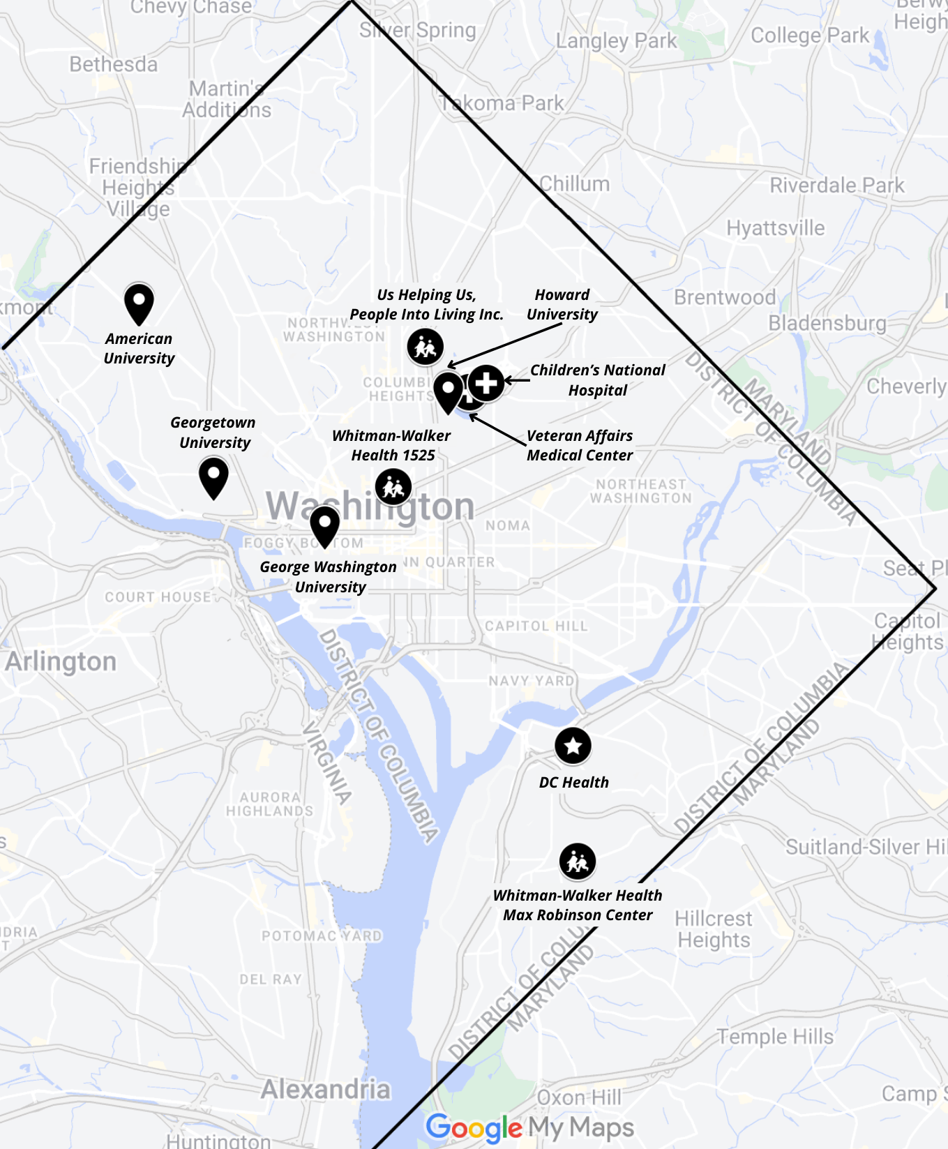 A map showing the different partner institutions of the DC CFAR