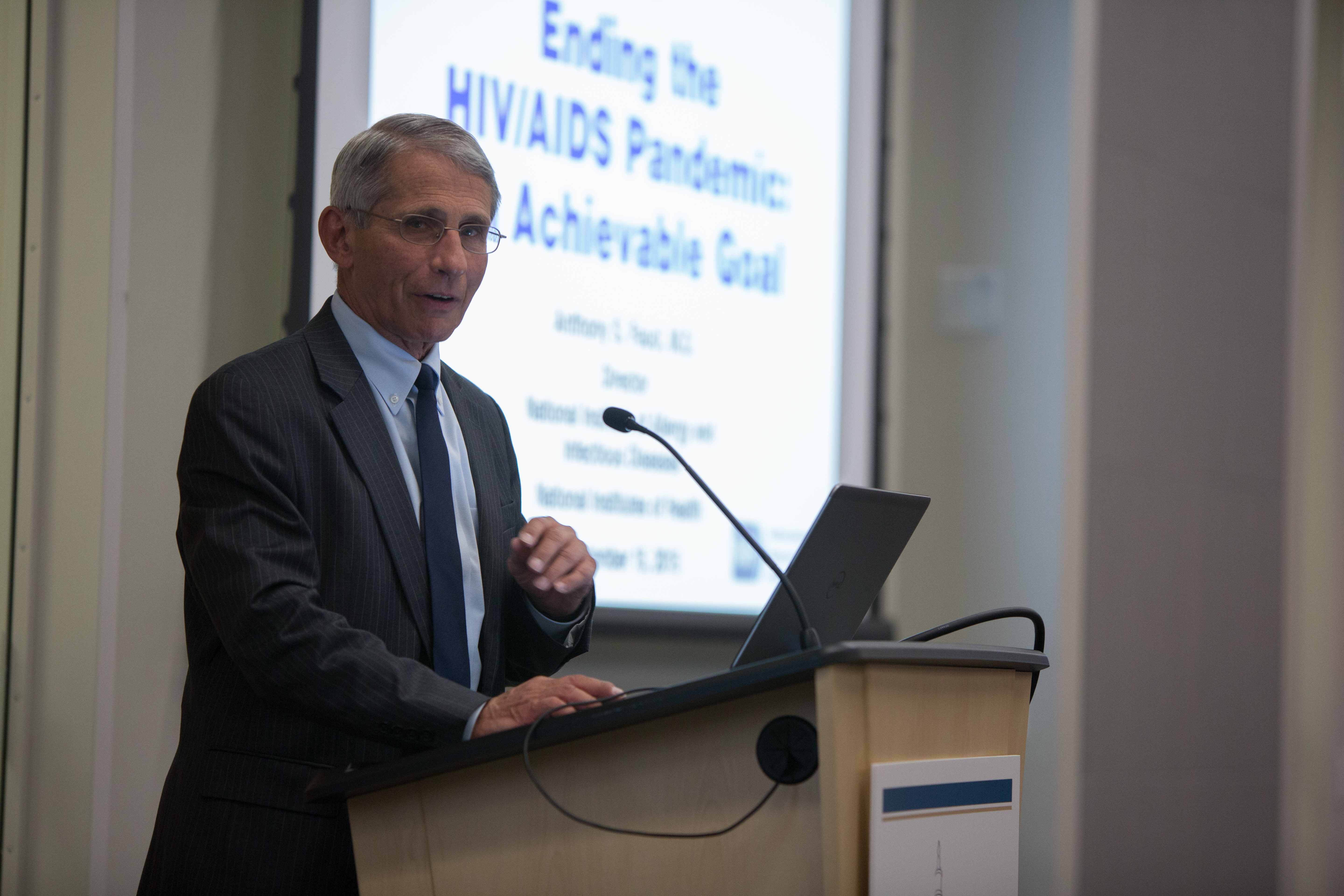 Dr. Fauci looks into the camera while presenting on ending the HIV pandemic